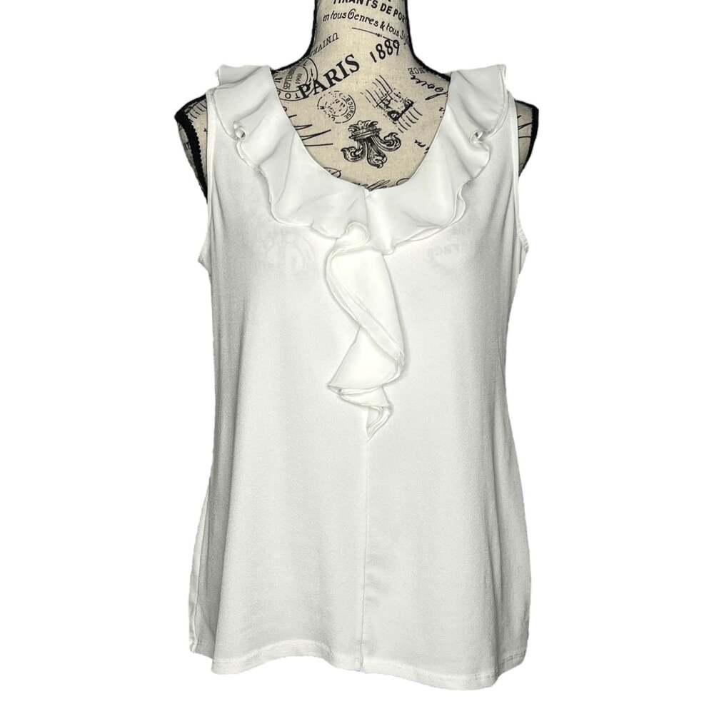 Elle (S) White Collar Front Ruffle Sleeveless Round Neck Blouse Top